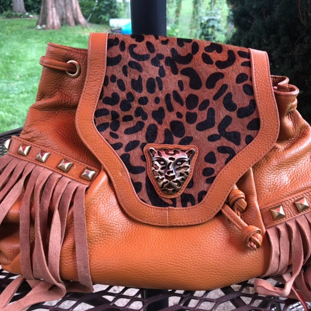 Sharif 1827 Vintage Leopard Calf Hair Fringe Hobo Bag / backpack - Western Boho
